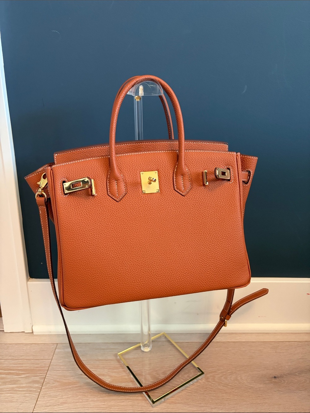 Real Pebbled Leather in Cognac with Gold Hardware. Inspired by Birkin 30